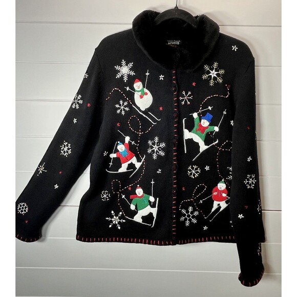 Designer Originals Studio Christmas VTG Snowman Cardigan Sweater Womens L - Picture 1 of 12